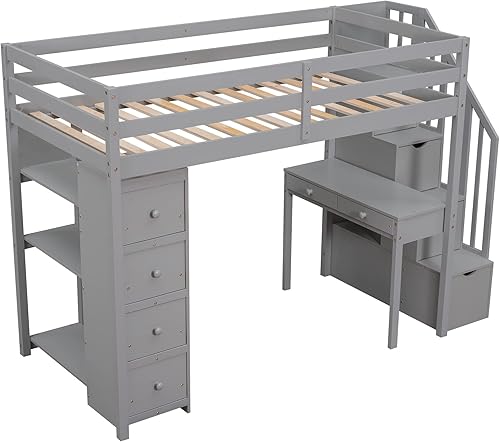 Miniatura 4 de DEINPPA Cama alta de tamaño individual con escritorio integrado y 5 cajones de almacenamiento cama alta de madera con escaleras de almacenamiento y