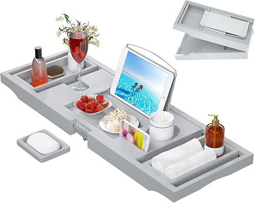 Miniatura 9 de Artmalle Bandeja de bañera para bañera  Bandeja organizadora ajustable de bambú para baño, bandeja plegable de lujo con soporte para libros para spa