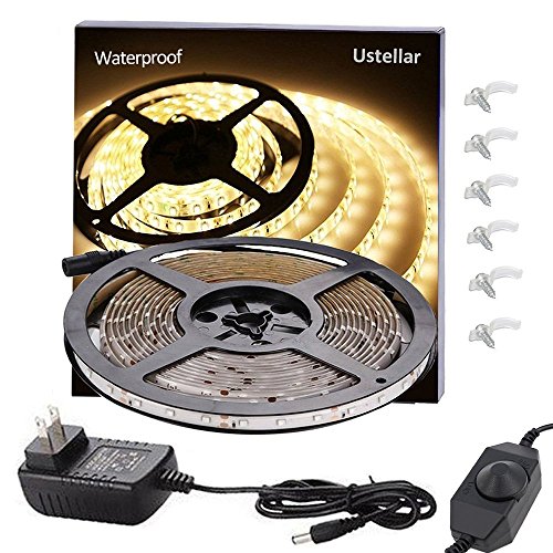 Ustellar Dimmable Waterproof LED Light Strip Kit, 300 Units SMD 2835 LEDs,3000K Warm White 12V LED Tape, Led Ribbon, 16.4ft/5m Lighting Strips with UL Listed Power Supply