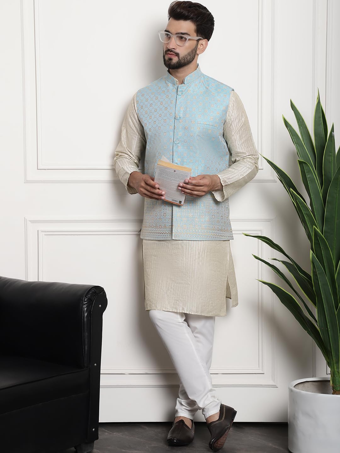 Sojanya (Since 1958 Men's Silk Blend Cream Kurta And Off-White Pyjama With Blue Stylish Nehruacket Set