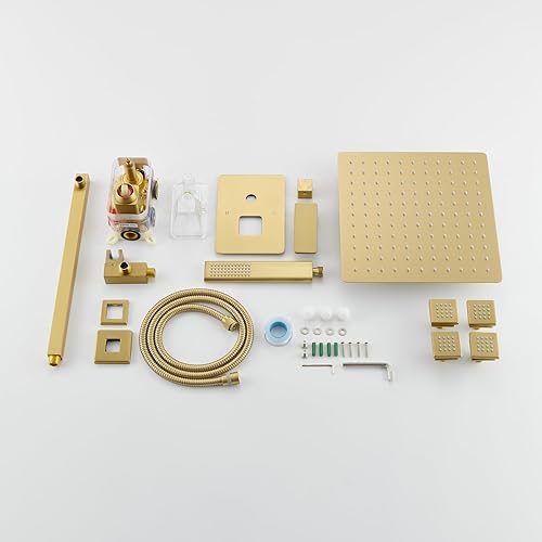 Miniatura 7 de Iriber Sistema de ducha de lluvia dorado cepillado con 4 chorros corporales, juego de grifo de ducha de 3 funciones, contiene cabezal de ducha de 12