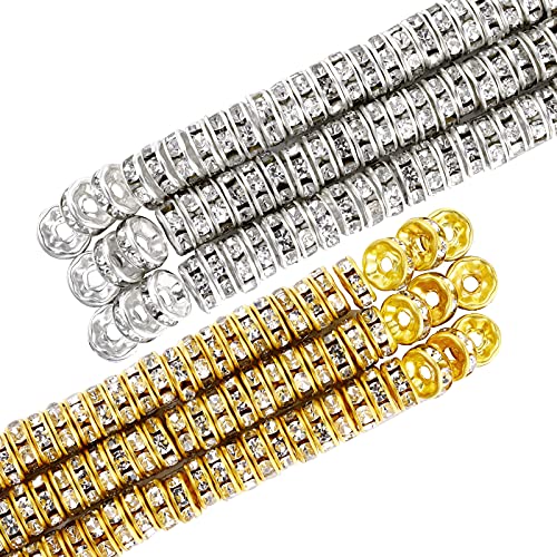 Hicarer 800 Pieces Round Rondelle Spacer Beads Crystal Rhinestone Loose Charm Beads for Jewelry Making(6 mm,Gold, Silver)