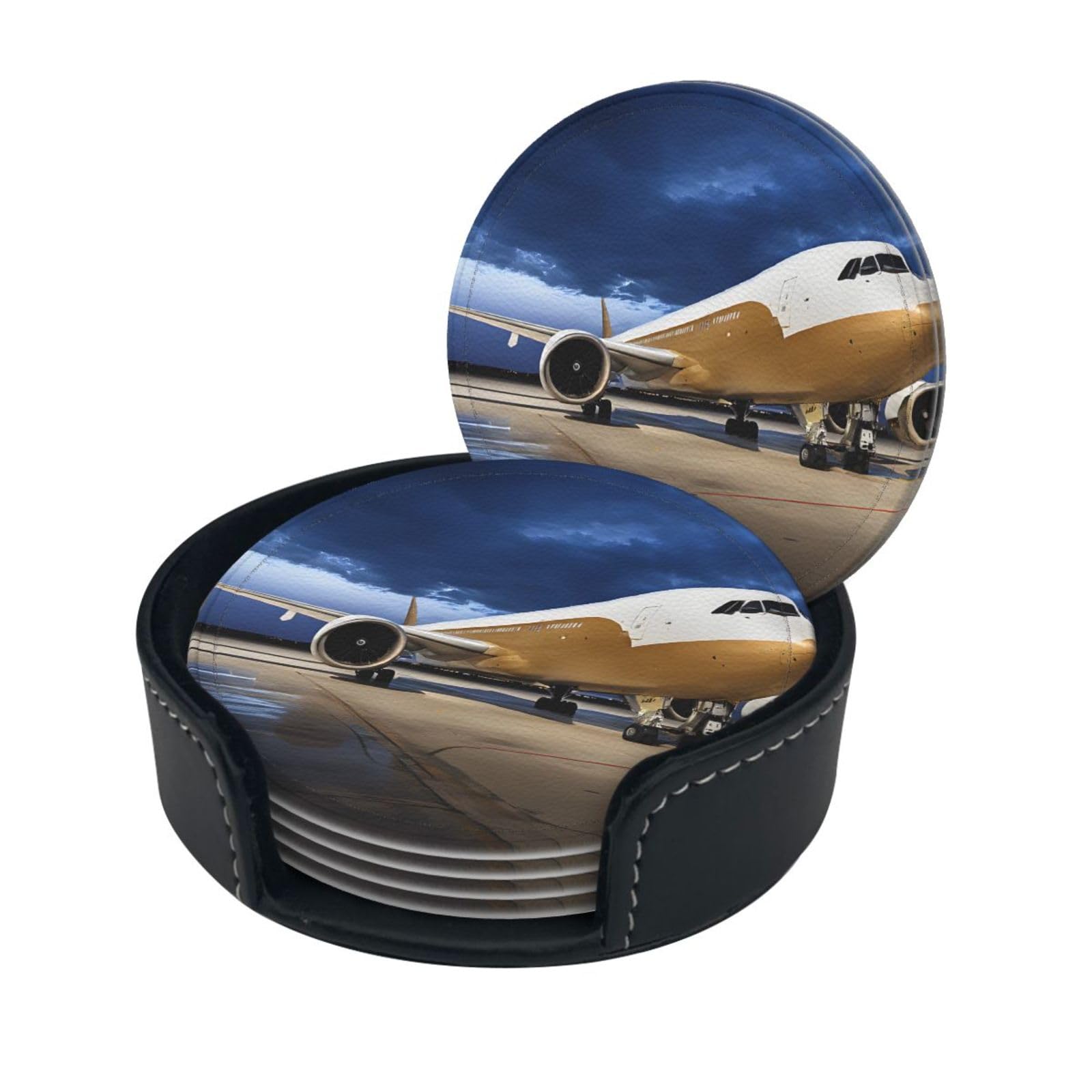Airplane in The Evening Light Print Coaster,Round Leather Coasters with Storage Box for Wine Mugs,Cold Drinks and Cups Tabletop Protection (6 Piece)
