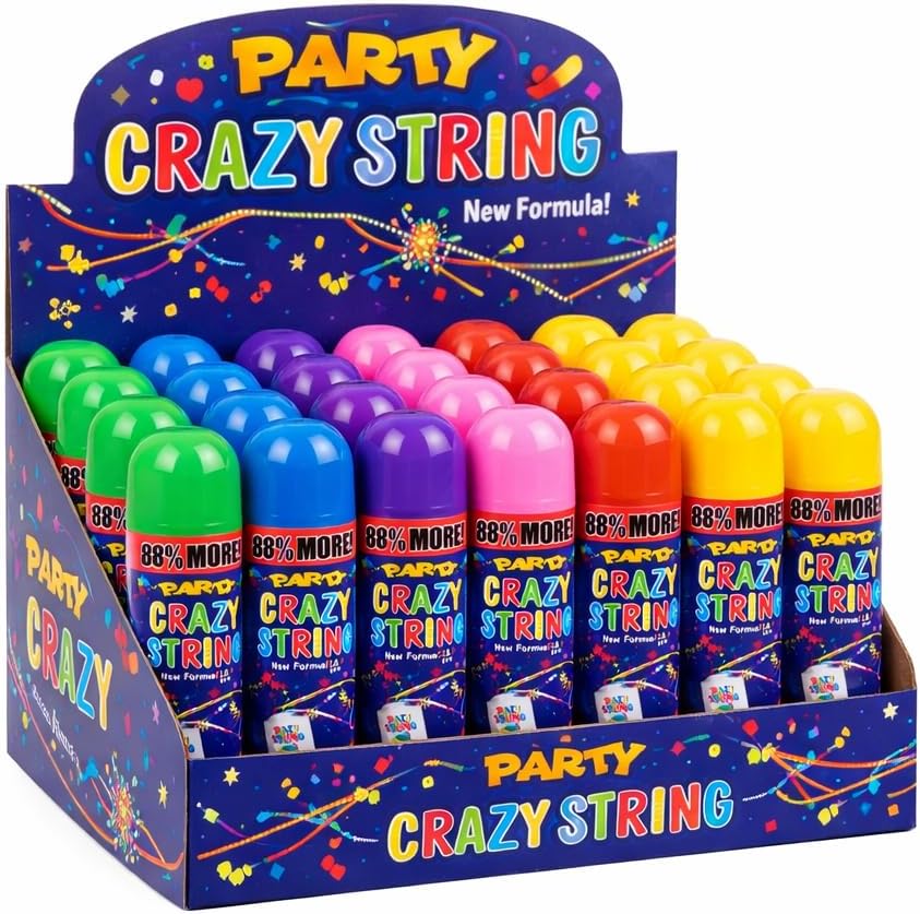 Party Crazy String Spray, Multicolor Streamer Cans for Kids Parties, Graduation, Birthday, Anniversary Celebrations. BULK (PARTY SUPPLY, 24, COUNT)