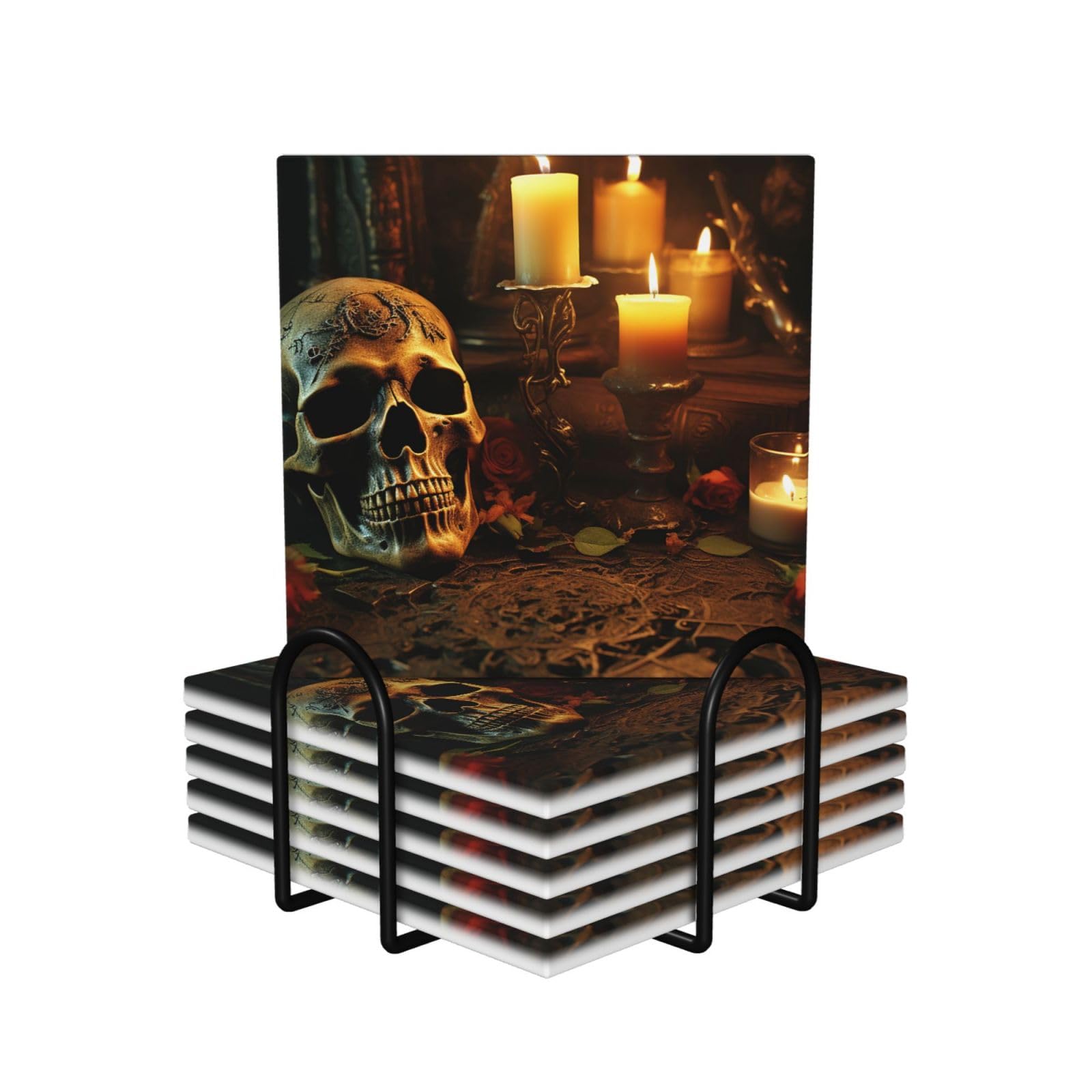 6Pcs Ceramics Coaster for Drinks, Candles and Scary Skull Cup Coasters with Holder, Aesthetic Drink Coasters for Coffee Table, Absorbent Round Coaster for Tabletop Protection 4" Cup Mat Pad