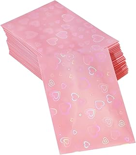 ONLYKXY 100pcs Soft Clear Plastic Heart Glitter Bag Storage Pouch Laser Sleeve Cover Pocket Holder Holographic Photo Protector Top Loader for 3in Trading Card Coin Jewelry (Light Pink)