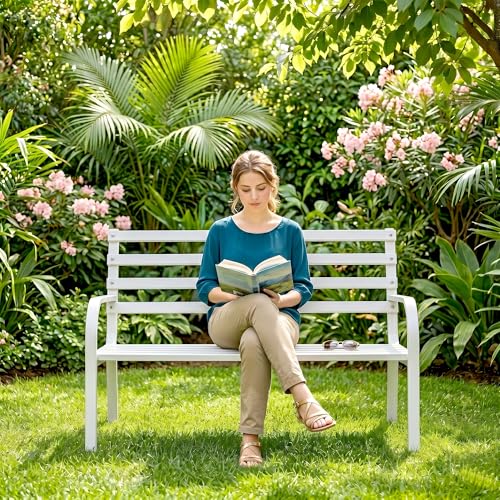 Image of BRISHI 2 Seater Metal Garden Bench for Indoor & Outdoor Park /Patio /Living Room /Terrace /Balcony (White)