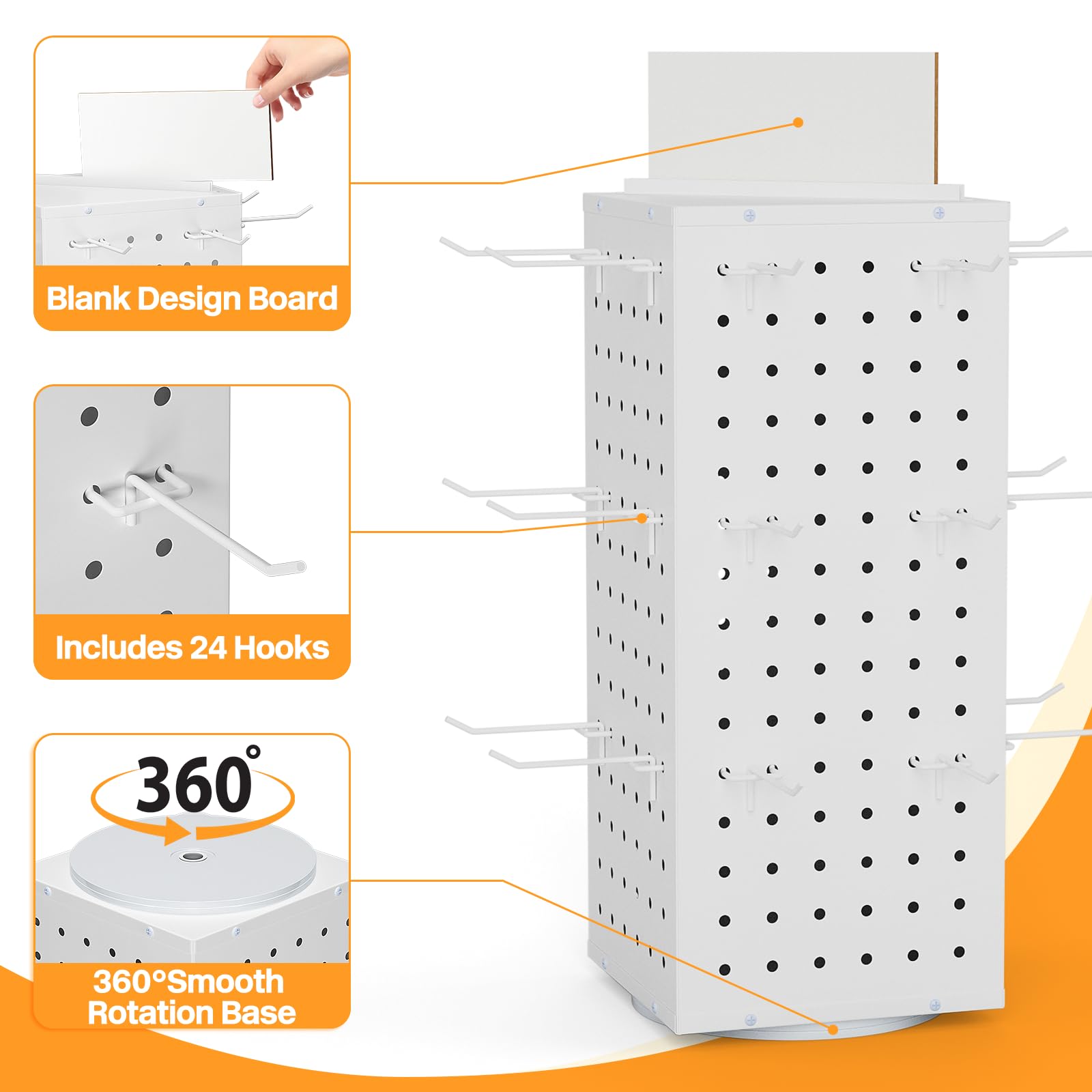 VACONICO Rotating Pegboard Display Stand with 24 Hooks, Tabletop Metal Peg board Shelf for Craft Shows & Fairs, Retail Stores, Vendors Arts and Crafts Finishing - 4-Sided Craft Rack Organizer (White)