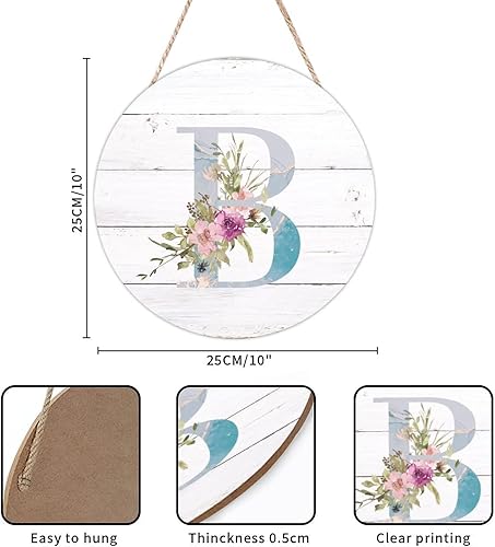 Vista 3 de Welcome Sign Front Decor Initial Letter B Round Wood Sign Monogram Purple Floral Wooden Plaque Blossom Floral 10in Country Wood Hanging Signs for