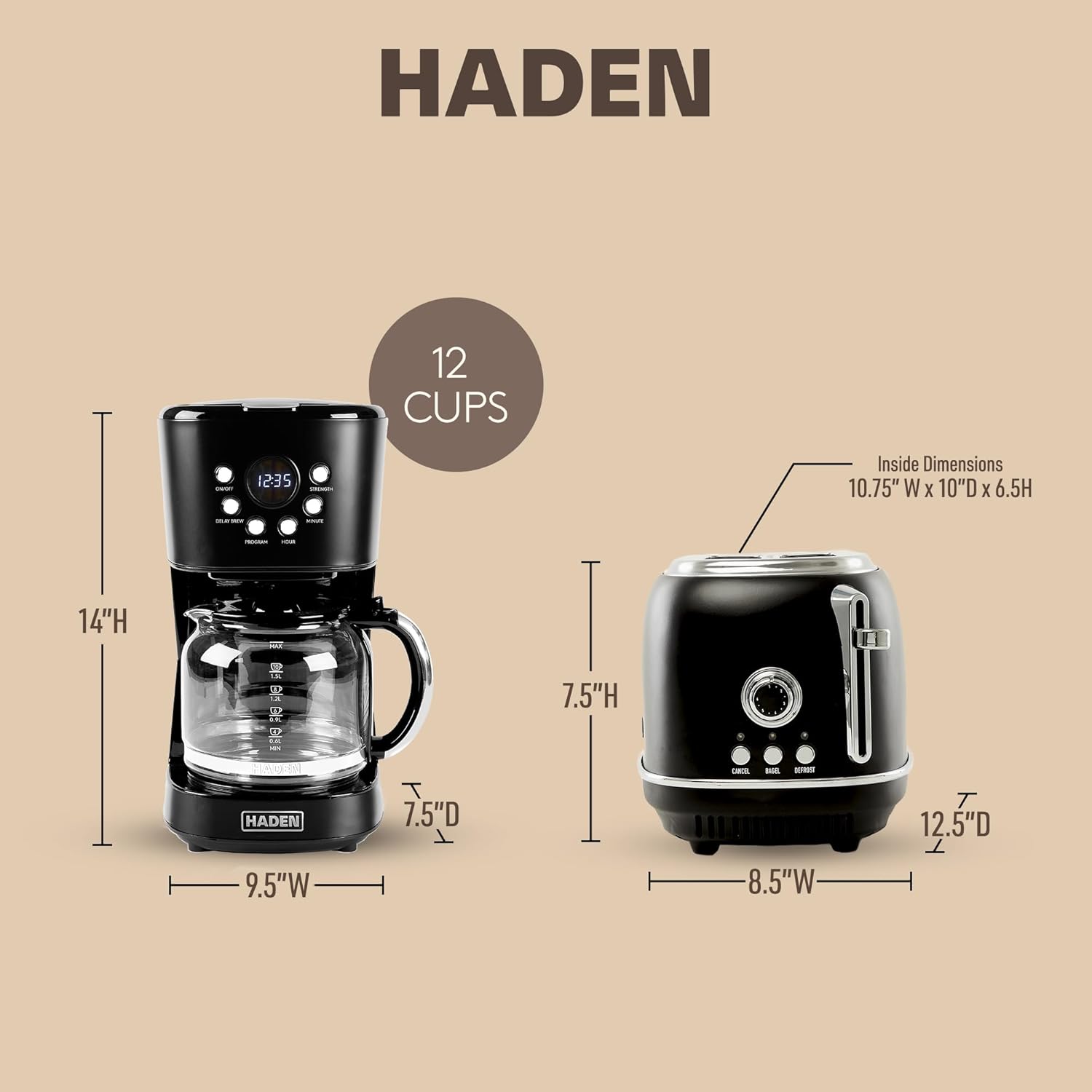 Haden 12 Cup Programmable Drip Coffee Maker Coffee Machine Bundled with Heritage 2 Slice Wide Slot Stainless Steel Toaster, Turquoise & Chrome