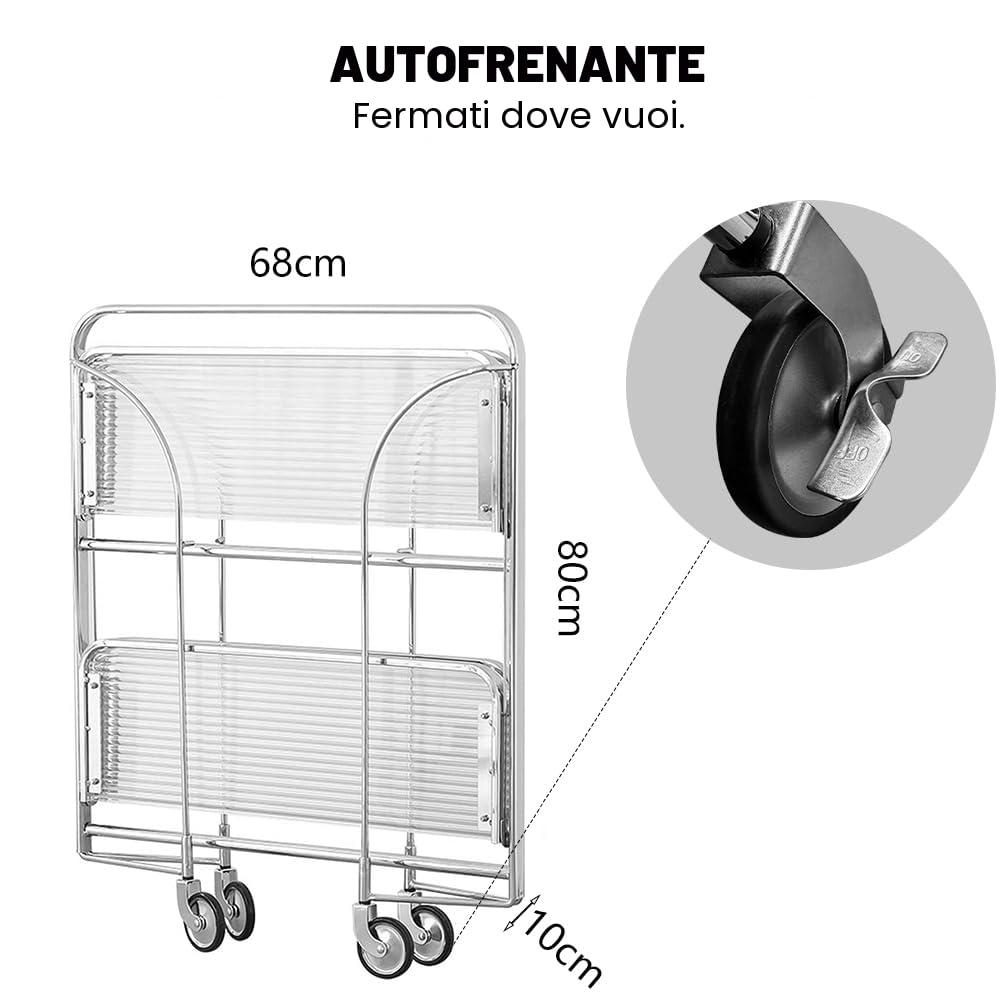 Carrello da portata con ruote, carrello da portata pieghevole, Dinett con 2 ripiani in vetro temperato, per cucina, carrello bar, carrello in metallo, carrello per il tè, carrello per il vino, moderno