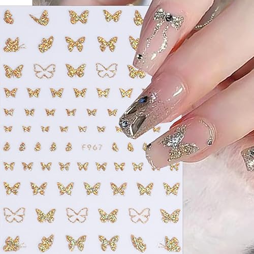Miniatura 3 de 8 hojas de calcomanías de arte de uñas de líneas francesas doradas brillantes, calcomanías 3D autoadhesivas de mariposa dorada, calcomanías de uñas
