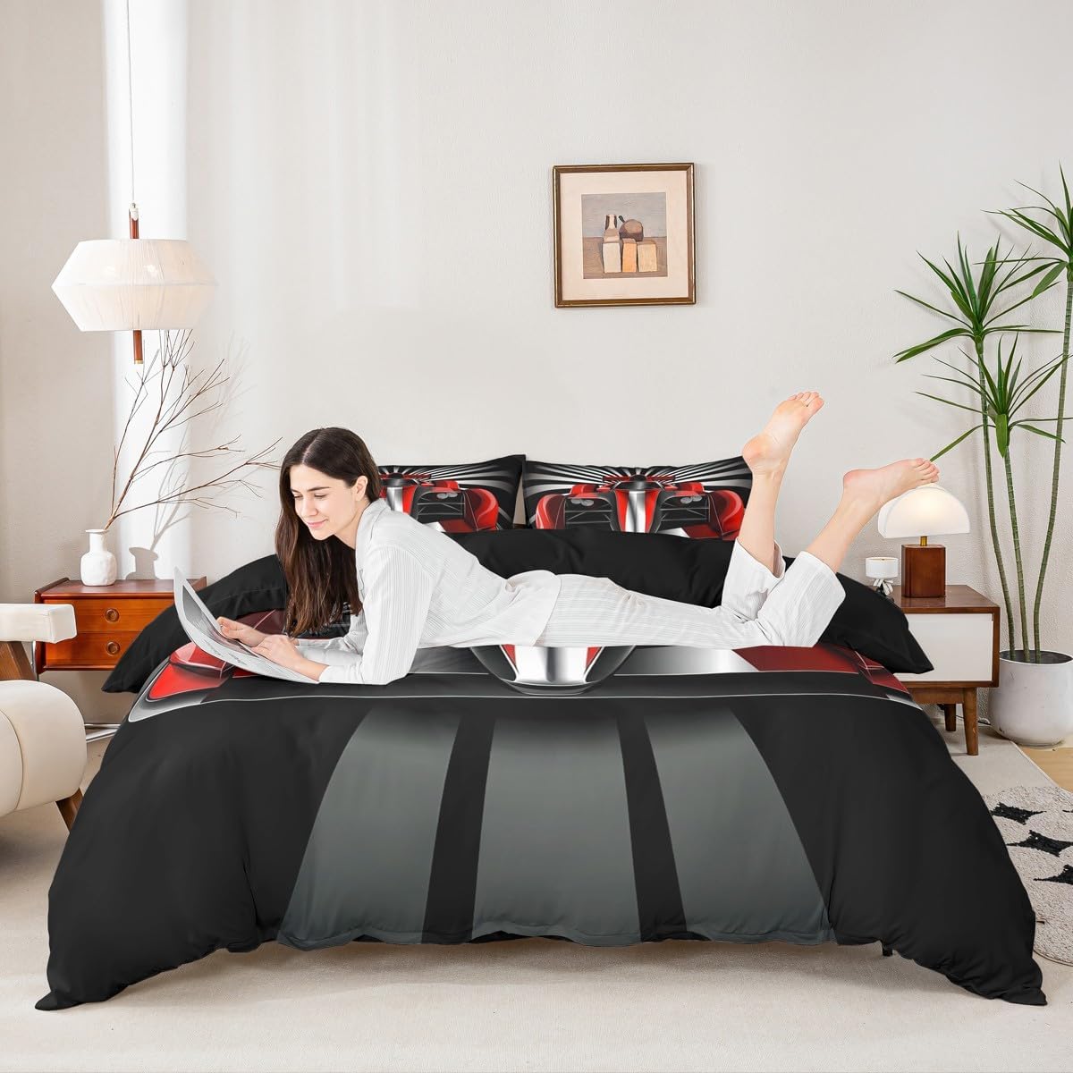 Sport Car Duvet Cover Set Cool Speed Race Car Bedding Sets King,Extreme Sports Comforter Cover Geometric Striped Bedding Kids Boys Teens Men Car Theme Bedroon Decor 3Pcs Soft Cozy,Red Black Grey