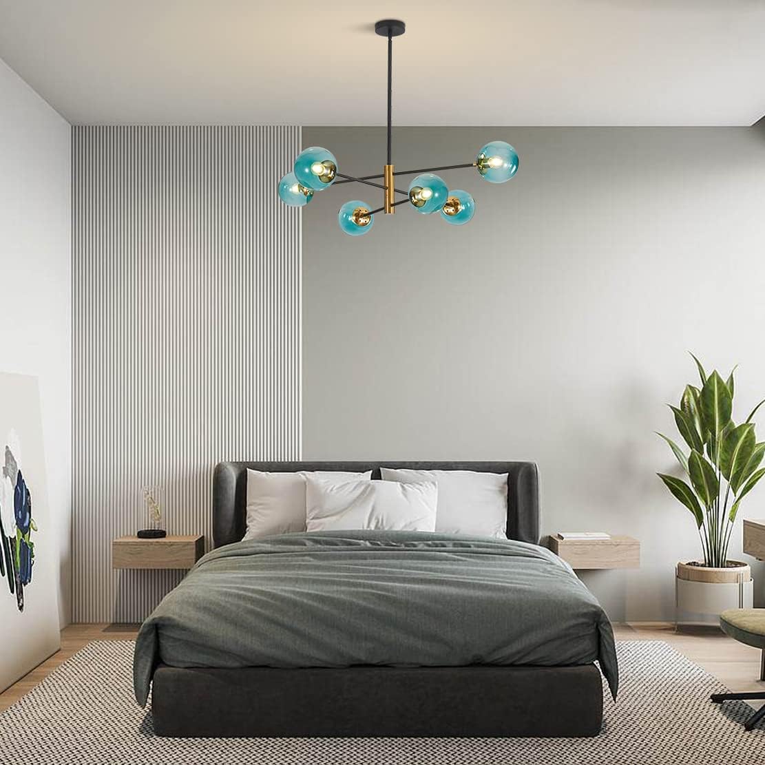 BOKT Modern 6-Lights Blue Glass Ball Sputnik Chandelier Mid-Century Black Gold Flush Mount Chandelier Vintage Large Globe Sputnik Chandelier Kitchen Island Pendant Light