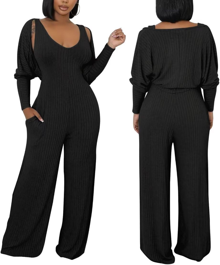 Annystore Sexy 2 Piece Set for Women Fall Outfit Ribbed Knit Long Sleeve Crop Cardigan Wide Leg Pants Set Jumpsuit Clubwear - Image 5