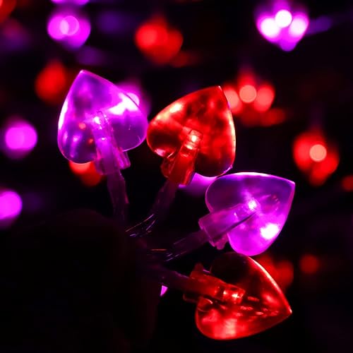 Miniatura 3 de Ohwewant 50 luces LED rojas y rosas de San Valentín temporizador 8 modos cadena de luces de corazón de San Valentín funciona con pilas luces de
