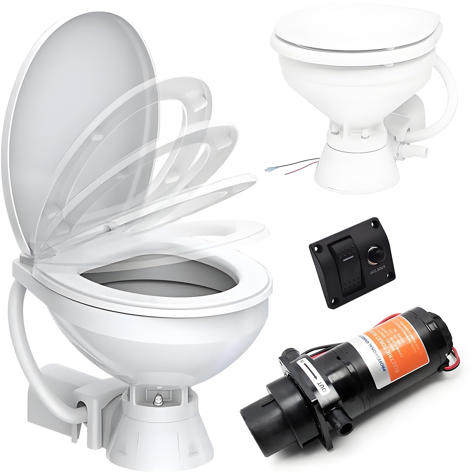 SICWEDIM Electric Marine Toilet 12V Boating Head, Quiet Flush Boat Toilet for Yachts & RVs, Compact RV Toilet Camper Toilet Solution, Horizontal Design