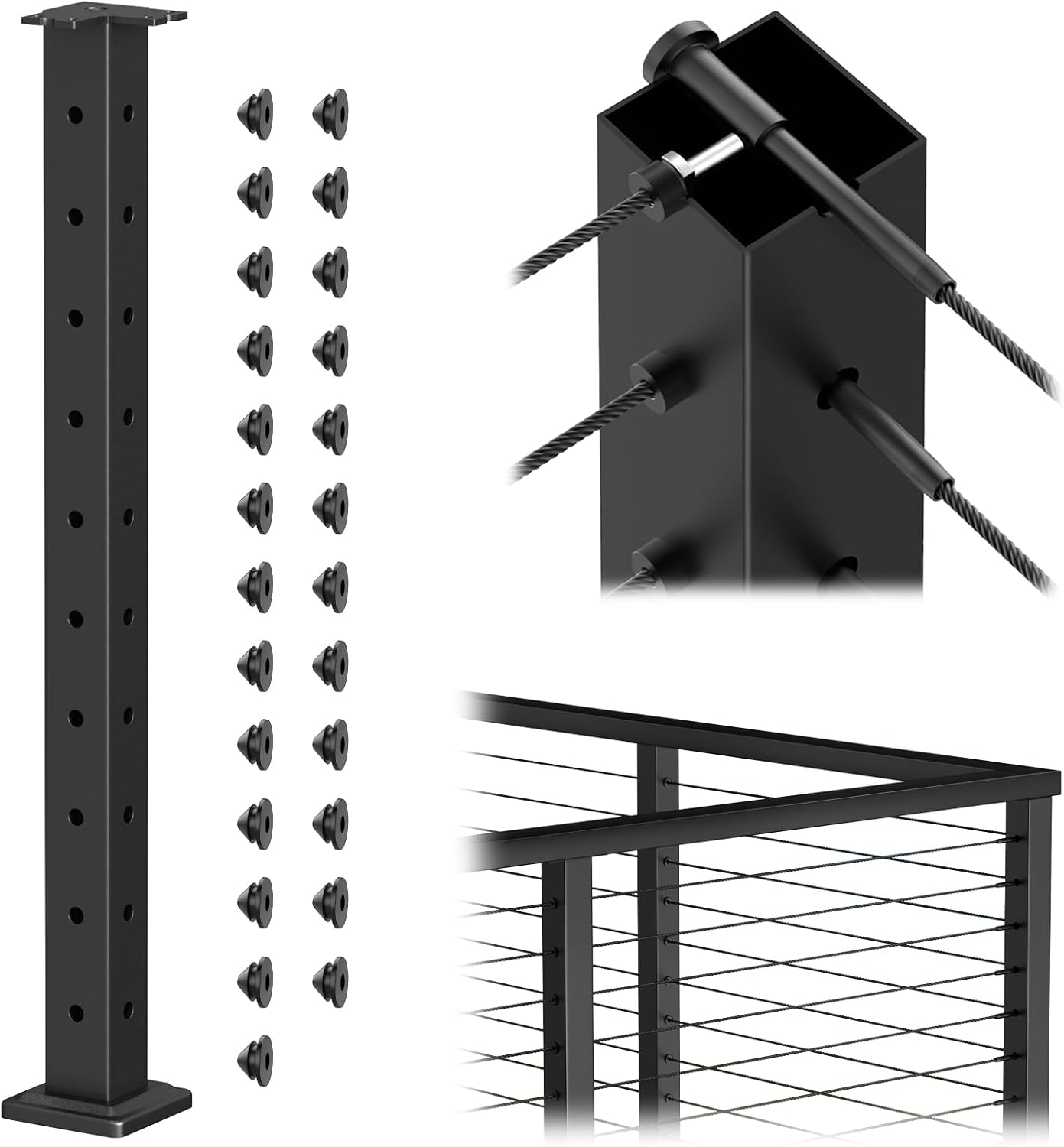 Photo 1 of  BLIKA 36" Cable Railing Corner Post(Post 35"x2"x2"), 3-Side Drilled Flat Top Surface Mount Corner Post, Stainless Steel Black Handrail Corner Post for Cable Railing Kits, BL05-CP 