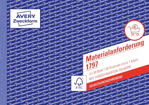 AVERY Zweckform 1797 Materialanforderung (A5 quer, 2x40 Blatt, selbstdurchschreibend und 1 Durchschlag, zur Angabe von Menge, Bezeichnung, Kostenstelle, Verbrauch, Buchung u.v.m) weiß/gelb