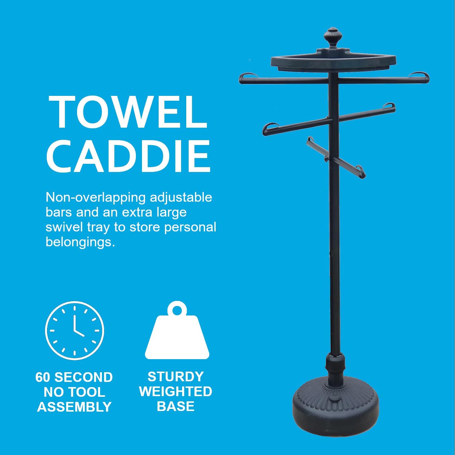 Outdoor Towel Rack with Storage Tray and Bar Clips - 6 Arm Towel Rack for Pool, Hot Tub, or Outdoors