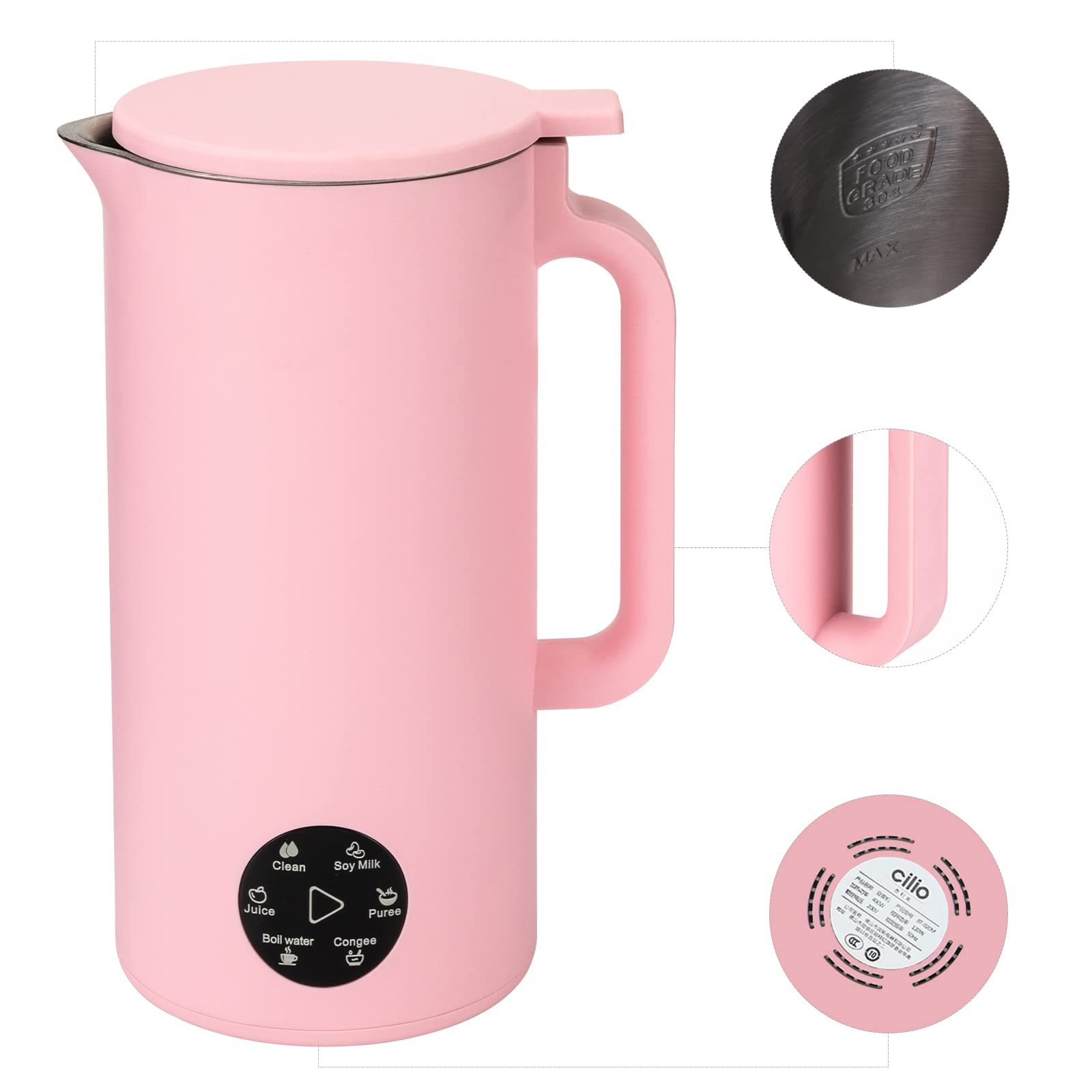 Mixeur et cuiseur à soupe en acier inoxydable - 350 ml - 6 programmes automatiques - Pour le lait de soja, le nettoyage, le jus, l'eau bouillante, les congeés et les purées - Rose