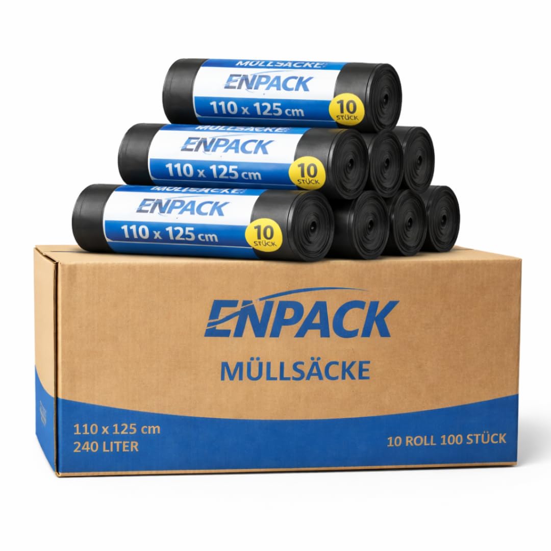 Enpack Müllsäcke 240L extra stark 100 Stück - Müllbeutel in schwarz - Abfallsack für Tonne 110x125cm - Schwerlast Müllsäcke XXL - Abfallsäcke für Garten und Hausmüll - Plastikbeutel für Mülltonne