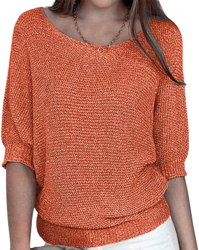 HOTYD Womens Sweaters Casual Fall 2025 Crewneck 3/4 Sleeve Solid Color Lightweight Knit Pullover Sweater Tops