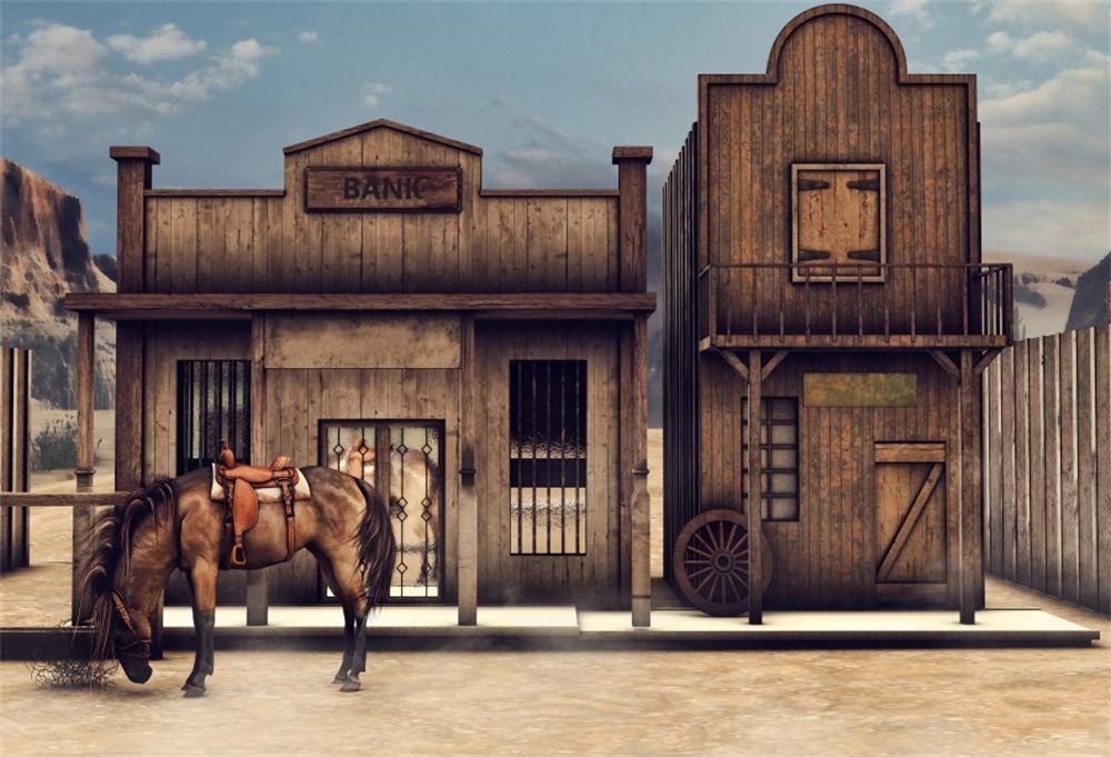 OFILA Vintage Bank Backdrop 12x8ft Western Saloon Photography Background Cowboy Party Decoration Bir