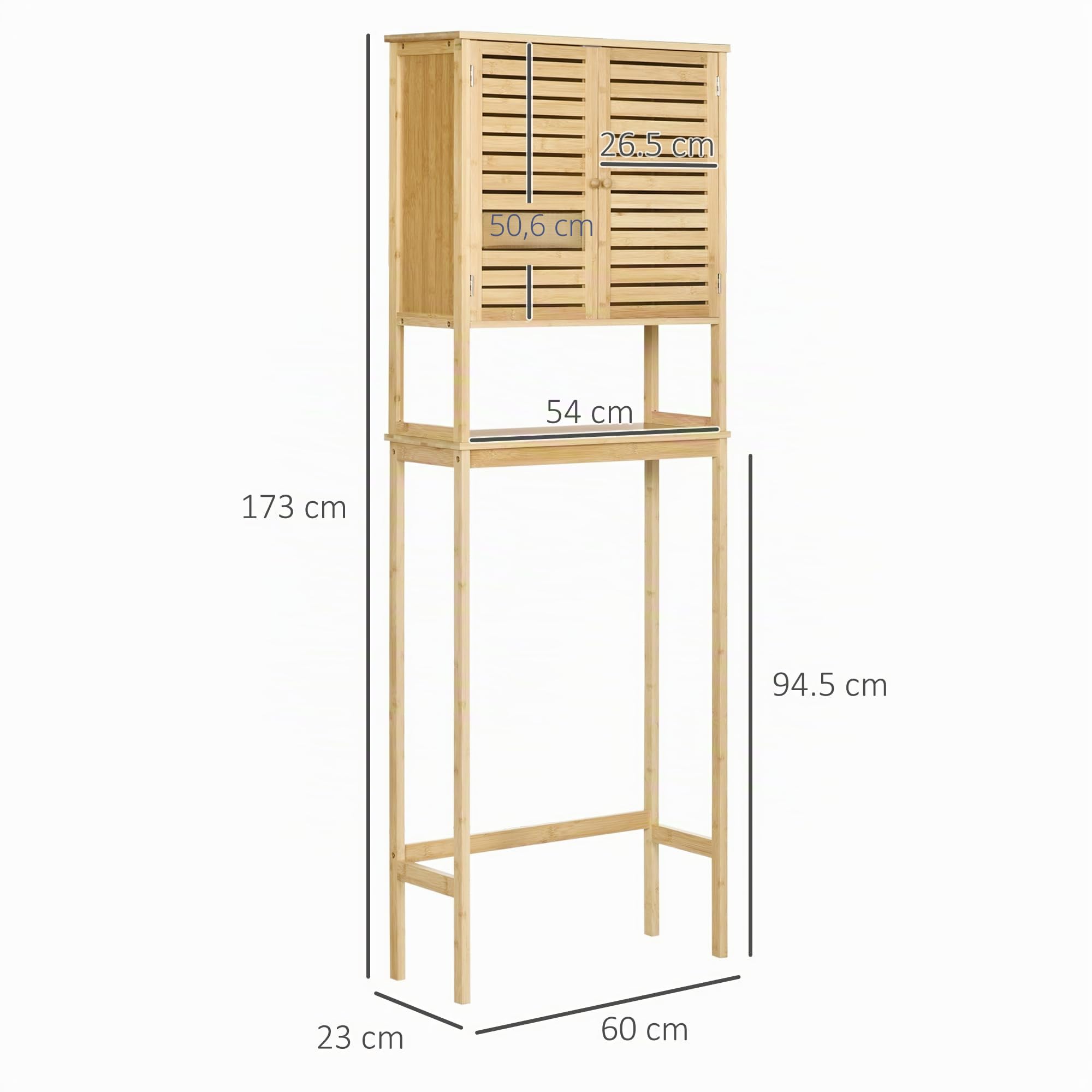 kleankin Mueble de Bambú sobre Inodoro Armario Alto para Lavadora con 2 Puertas 1 Balda Interior y 1 Estante de Almacenaje para Baño 60x23x173 cm Natural