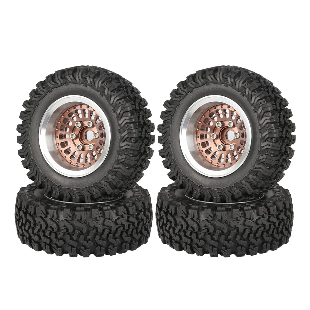 KINGCOO 4PCS 1,9" Beadlock Räder Felgennabe Offset-10mm Aluminium Metall und 90MM Gummireife für 1/10 RC Rock Crawler Auto für Axial SCX10 TRX4 TRX6 D90 TF2 MN UTB18 Upgrade Zubehör (Bronze)