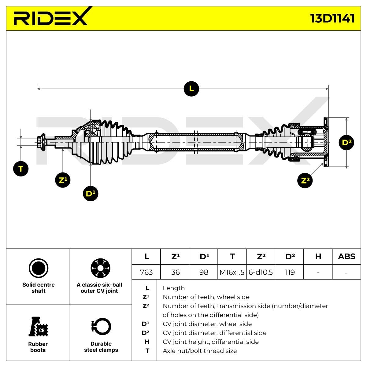 Wał Napędowy RIDEX 13D1141 przedni prawy Kompatybilny z VW SHARAN 7N1, 7N2 TOURAN 1T1, 1T2 Golf 7 Hatchback 5G1, BQ1, BE1, BE2 Passat Sedan 362 CADDY IV kombi SAB, SAJ