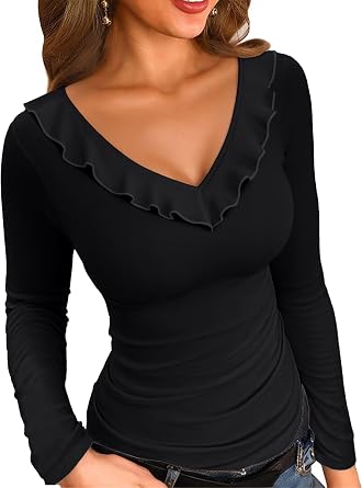 VICHYIE Womens Long Sleeve Shirts V Neck Ruffle Hem Slim Fitted Ribbed Knit Trendy Tee Tight Tops