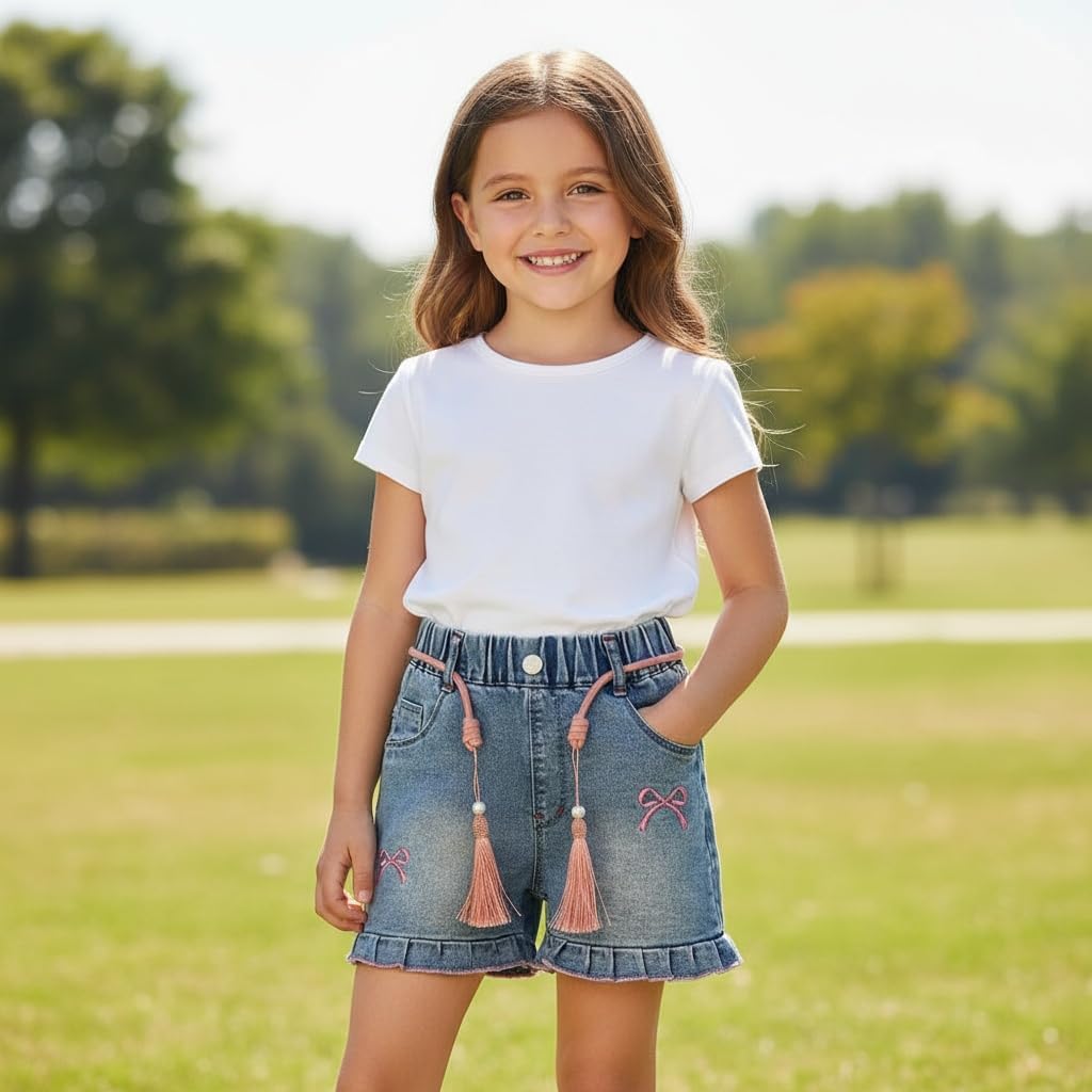 Peacolate 4-10Y Little&Big Girls Denim Summer Shorts Teens Elastic Waistband Heart Jeans - Image 3