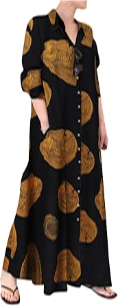 BOFETA Womens Basic Loose Fit Long Sleeve Dresses Button Up Maxi Shirt Dress with Pockets Casual V Neck Dresses
