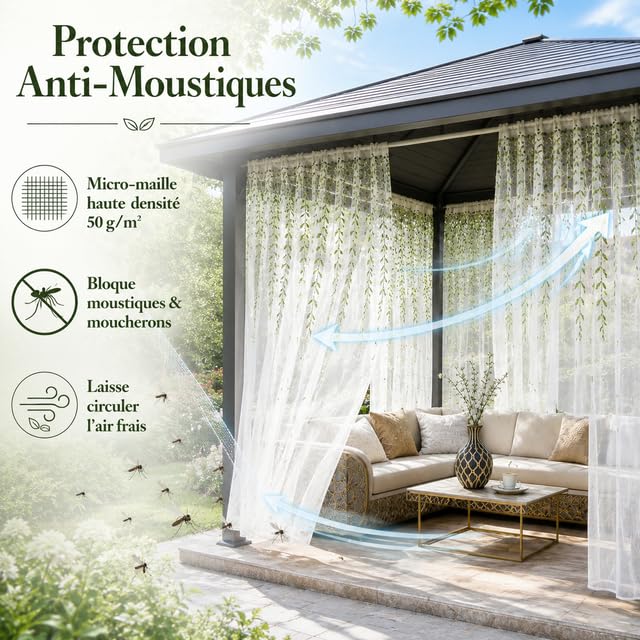 Lot de 2 Rideaux Extérieurs Brodés en Mousseline, Voilage Anti-Moustiques Haute Densité, Finition Manchon, Design Feuillage Élégant pour Patio, Pergola, Gazebo, Terrasse(140LX175H cm)
