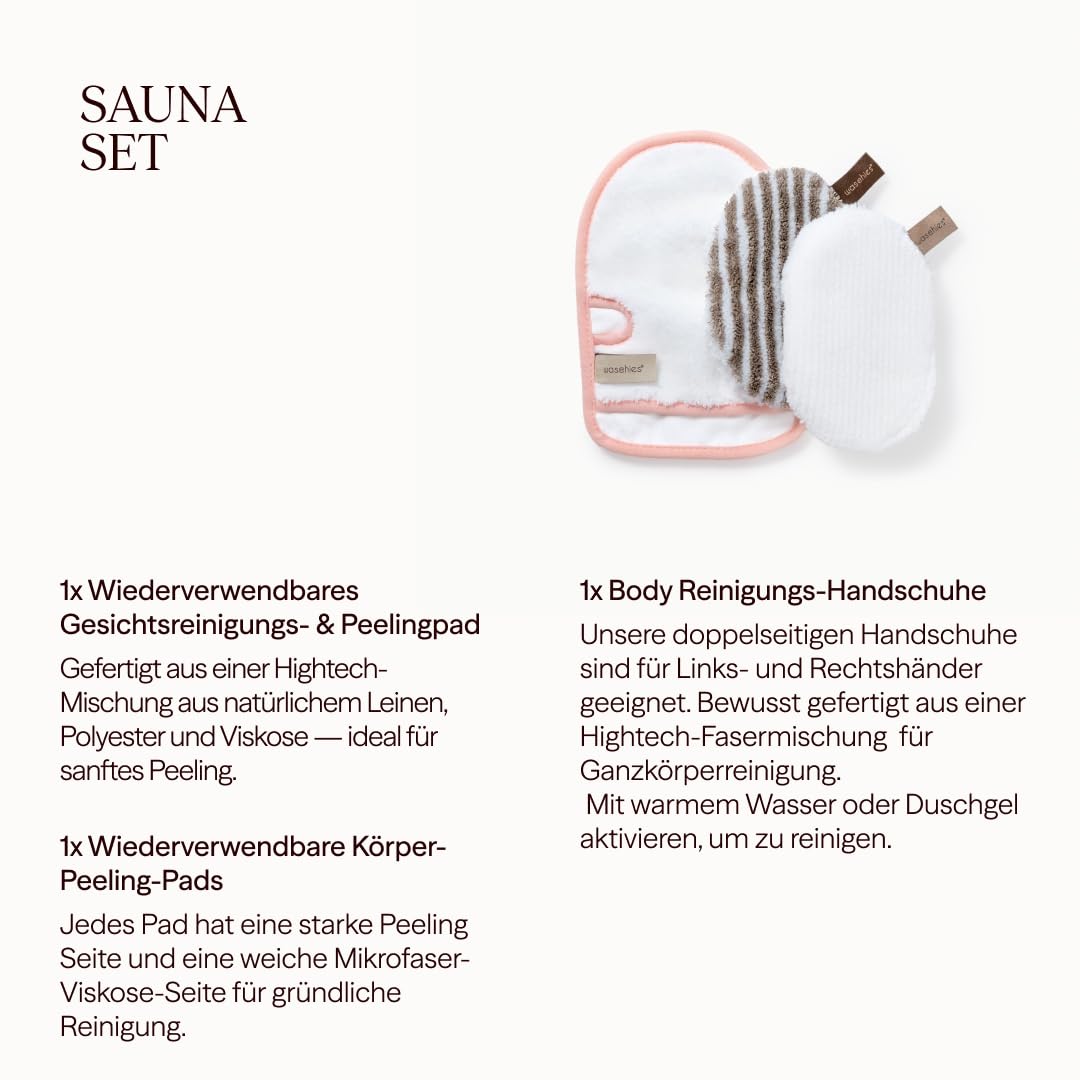 Waschies 3-tlg. Sauna Set – 1 Reinigungshandschuh, 1 Körperreinigungs- & Peelingpad und 1 Gesichtsreinigungs- & Peelingpad – sanfte Reinigung – waschbar, wiederverwendbar & nachhaltig - Alle Hauttypen