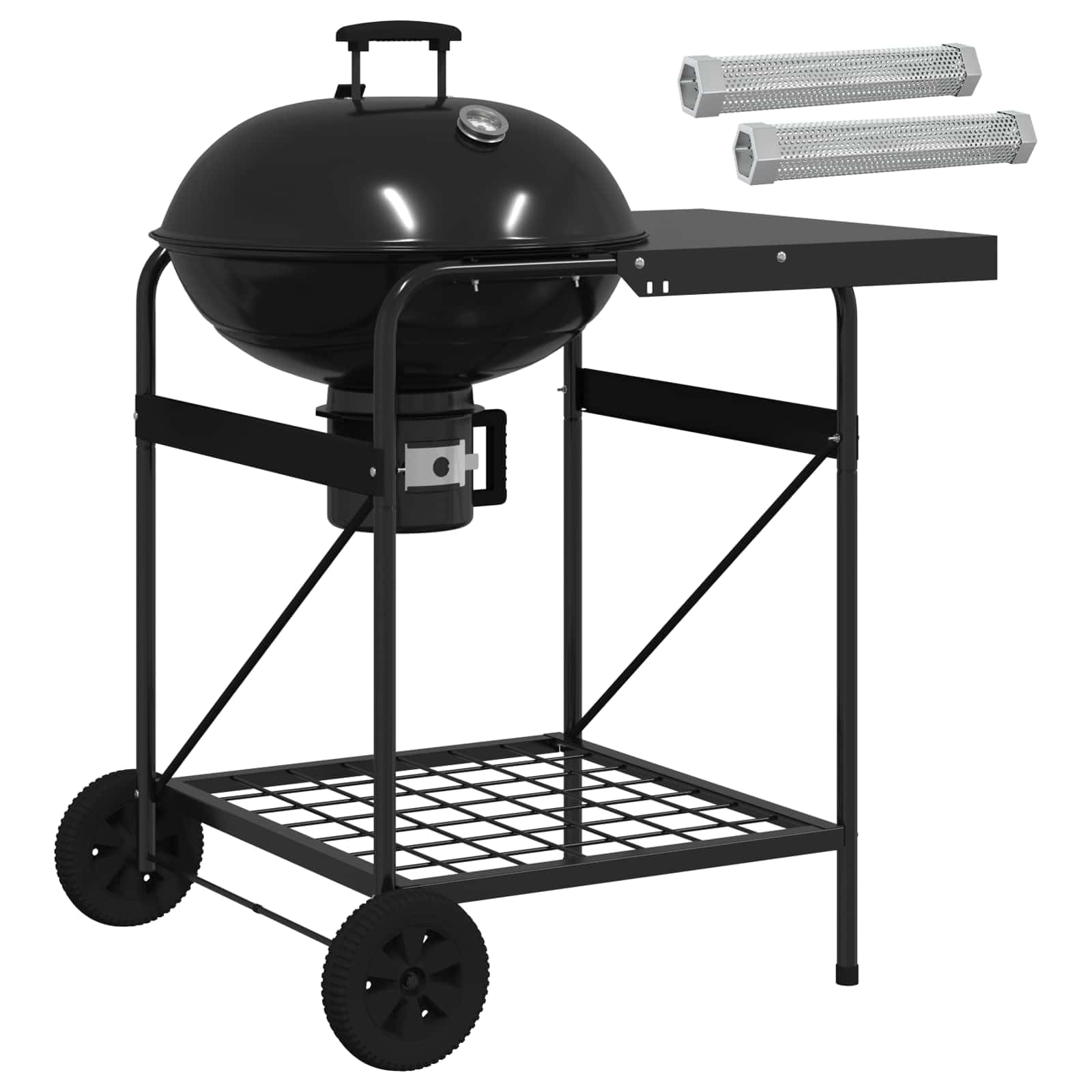 Barbacoa de carbón vegetal con tubos de incienso 91 x 71 x 107 cm acero negro | Calentador de leña, tubos de incienso de acero inoxidable 5 x 5 x 30 cm, termómetro integrado, ruedas de 18 cm