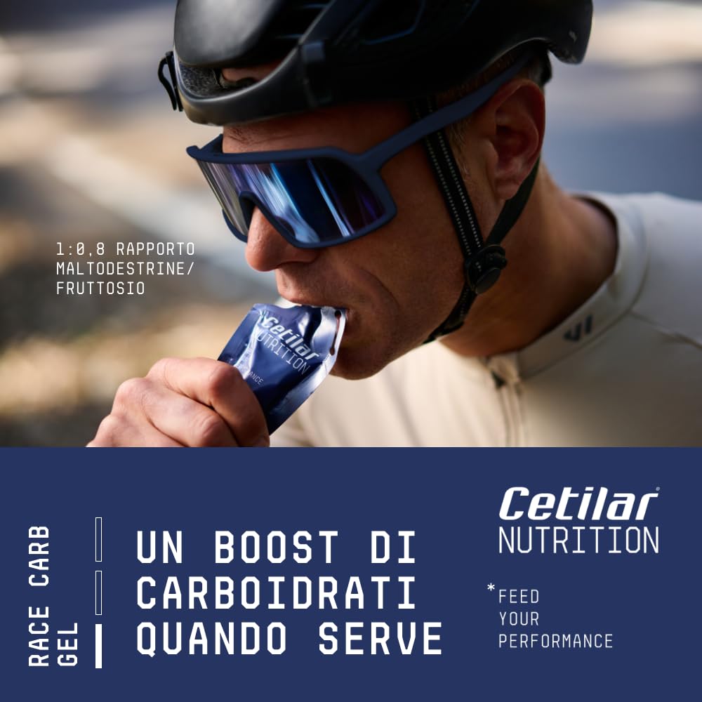 Race Carb Gel, Integratore di carboidrati (40g), rapporto tra maltodestrine e fruttosio di 1:0,8, Per Sport a media-alta intensità, 10 Gel da 60ml, Sapore agrumato, Cetilar Nutrition