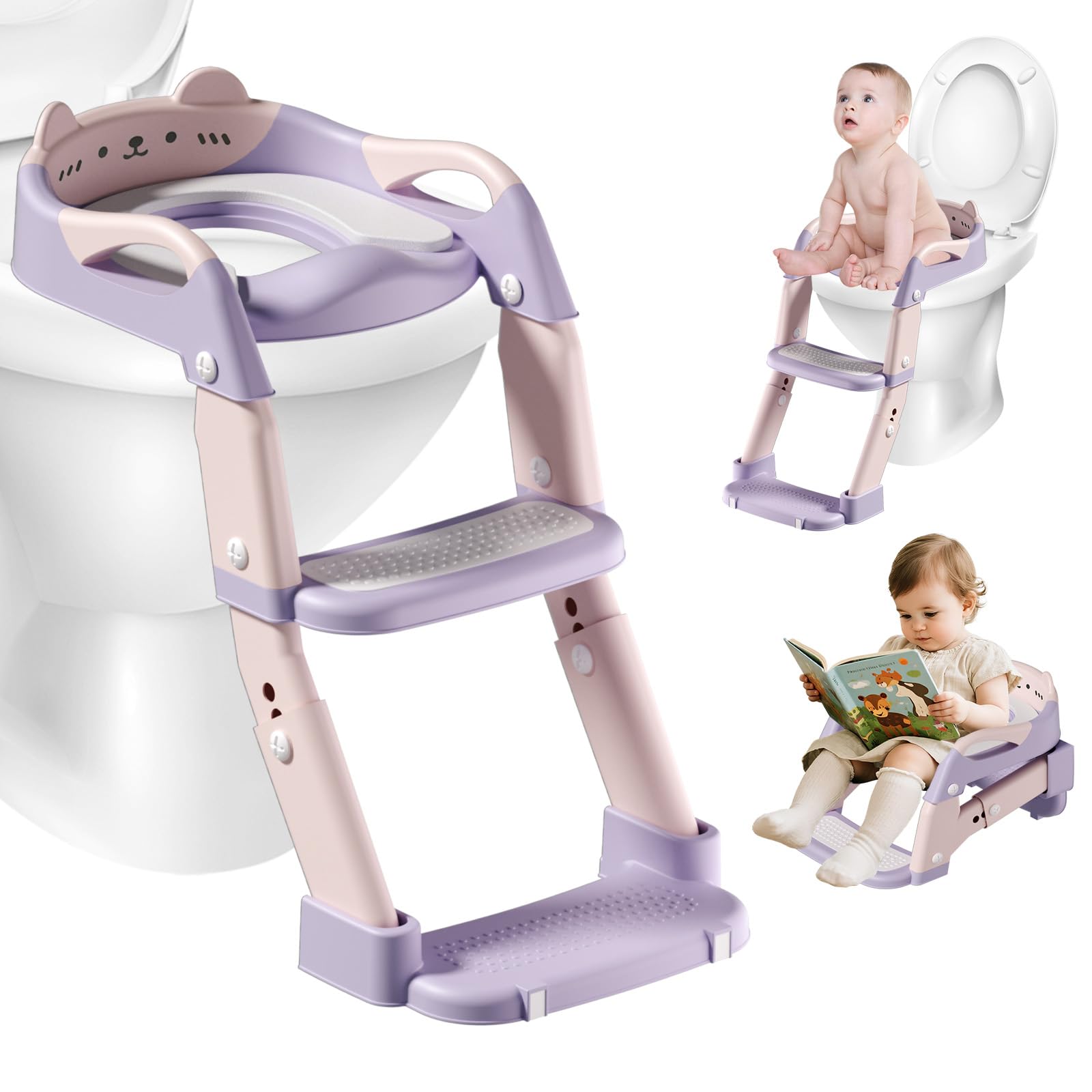 Bizcasa Toilettenleiter für Kinder, 3-in-1 Kinder Toilettensitz Toilettentrainer mit Treppe und Griffe, Höhenverstellbar Bequemer Sicherer Toilettensitze, Klappbar WC Sitz Töpfchentrainer (Rosa)