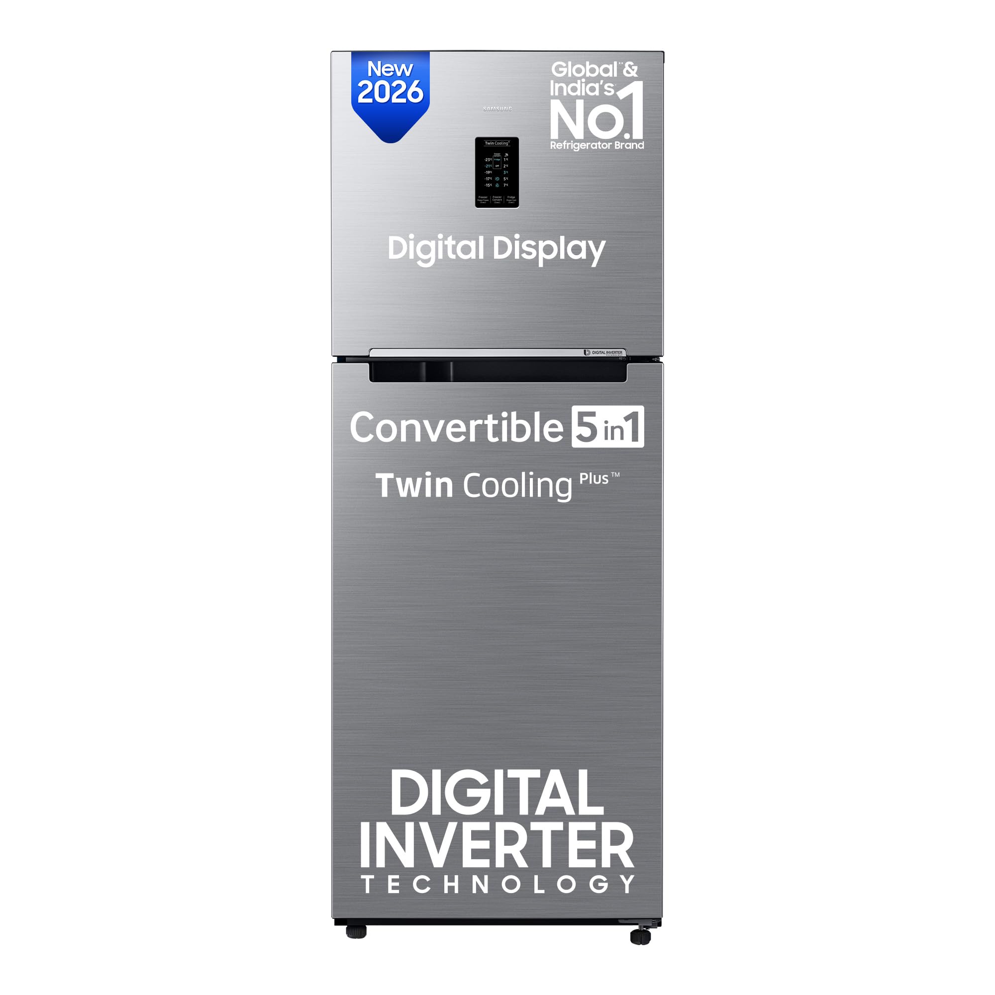 Samsung 301 L, 2 Star, Convertible 5-in-1 Digital Inverter with Display Frost Free Double Door Refrigerator (RT31H4522S9/HL, Silver, Refined Inox, 2026 Model)