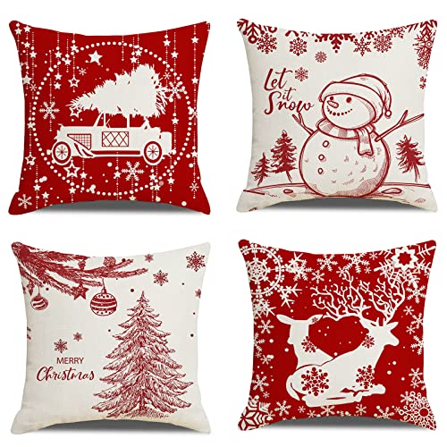 AUPOWER Christmas Housse de Coussin Noel, 45 x 45 CM 4PCS Coton Linter Christmas Pillow Covers Wapiti Bonhomme de Neige Modèle Christmas Pillow Covers pour Canapé-lit de Salon Voitures, Rouge