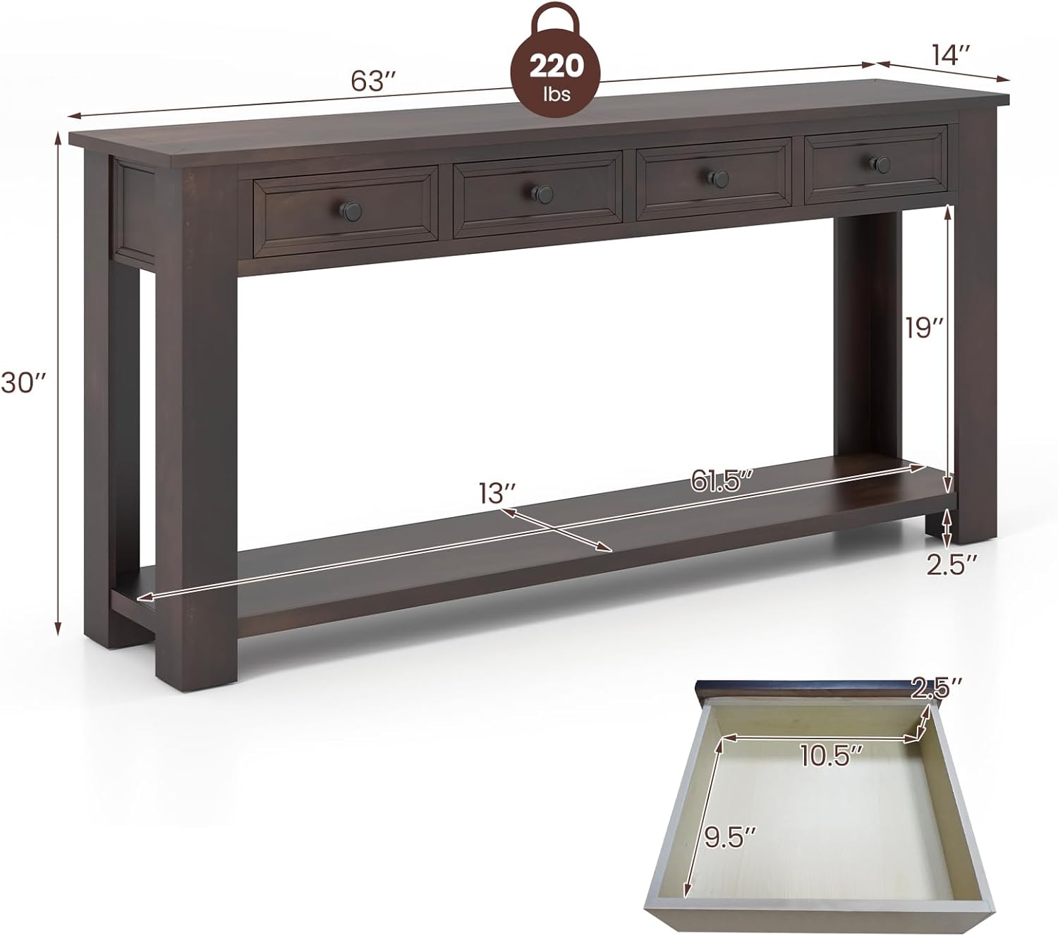 Giantex 63" Farmhouse Console Table with 4 Drawers, Modern Wood Entryway Table, Narrow Long Sofa Tables with Open Storage Shelf for Living Room, Hallway, Entrance, Foyer, Rustic Vintage, Espresso