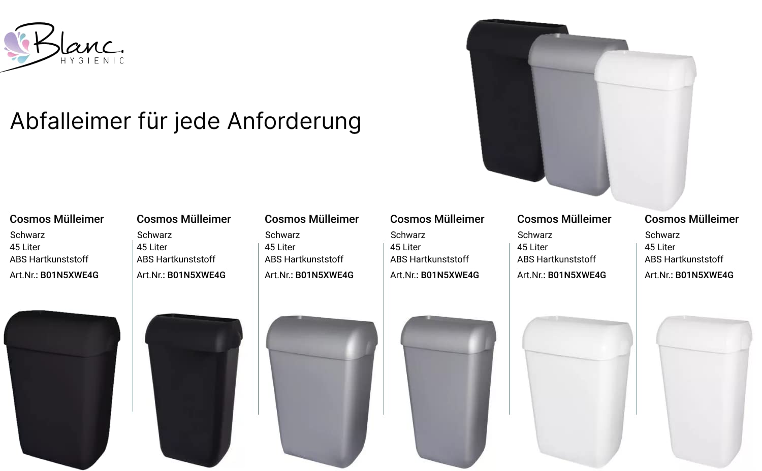 Premium BIN Abfallbehälter 25 Liter Weiß | ABS-Kunststoff, Einwurfwölbung, Deckel & Wandhalterung inkl., für Sanitärraum, Büro, Küche & WC