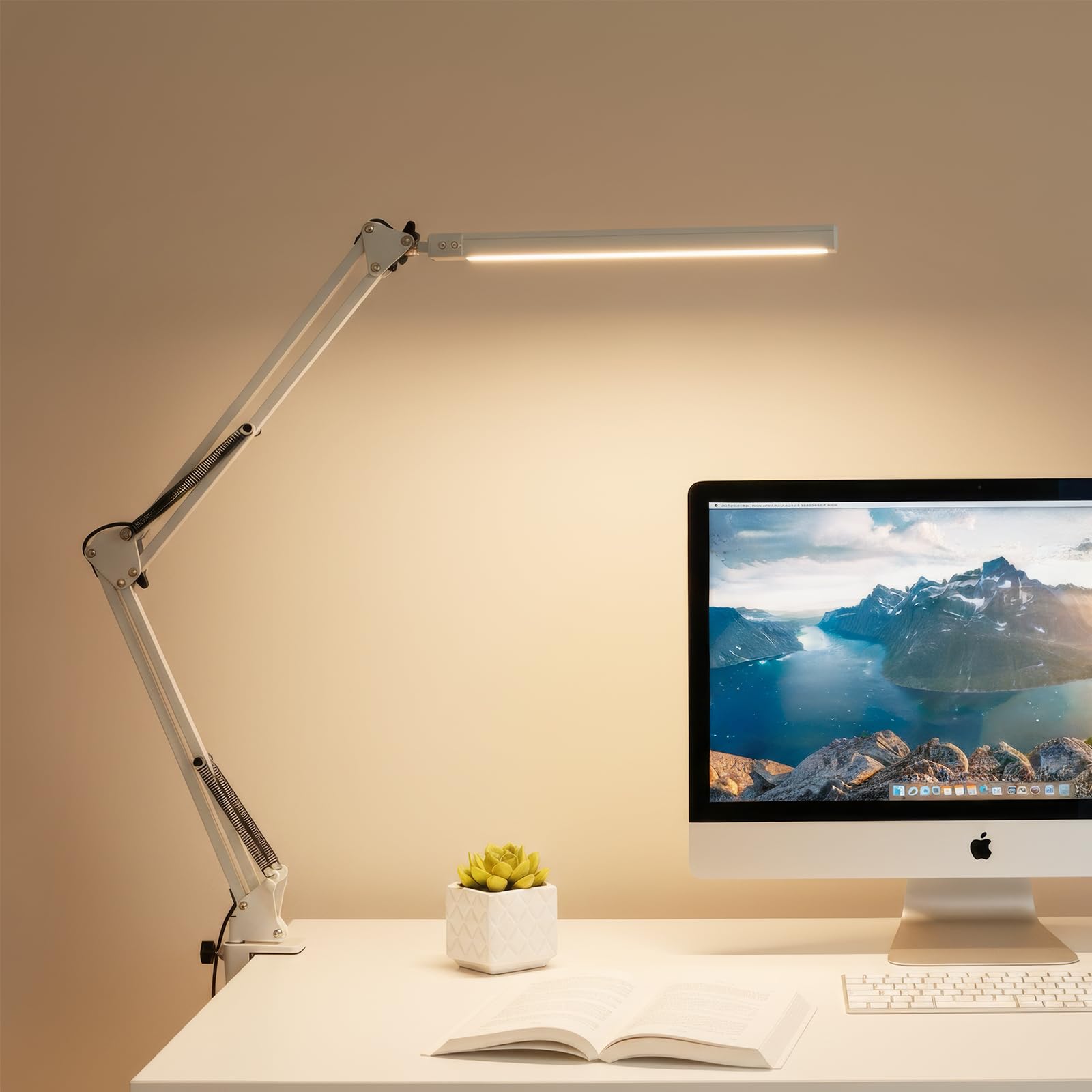SUNNYNEST LED Desk Lamp with Clamp, 12W Desk Light for Home Office, 3 Color Temperature Modes (3200K/4200K/5800K), 10-Level Dimmable Study Lamp, Eye-Caring, Flexible Swing Arm, USB Powered (White)
