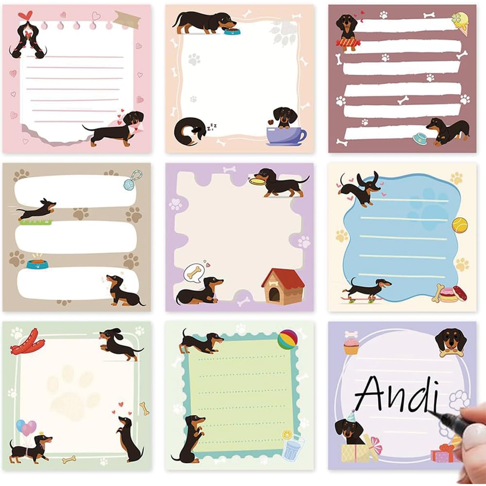 FUUNY Dachshund Sticky Notes, 9 Pack Cute Wiener Dog Themed Notepad Set, 3 x 3 Inch, 450 Sheets Total, Colorful Cartoon Design for Office Supplies
