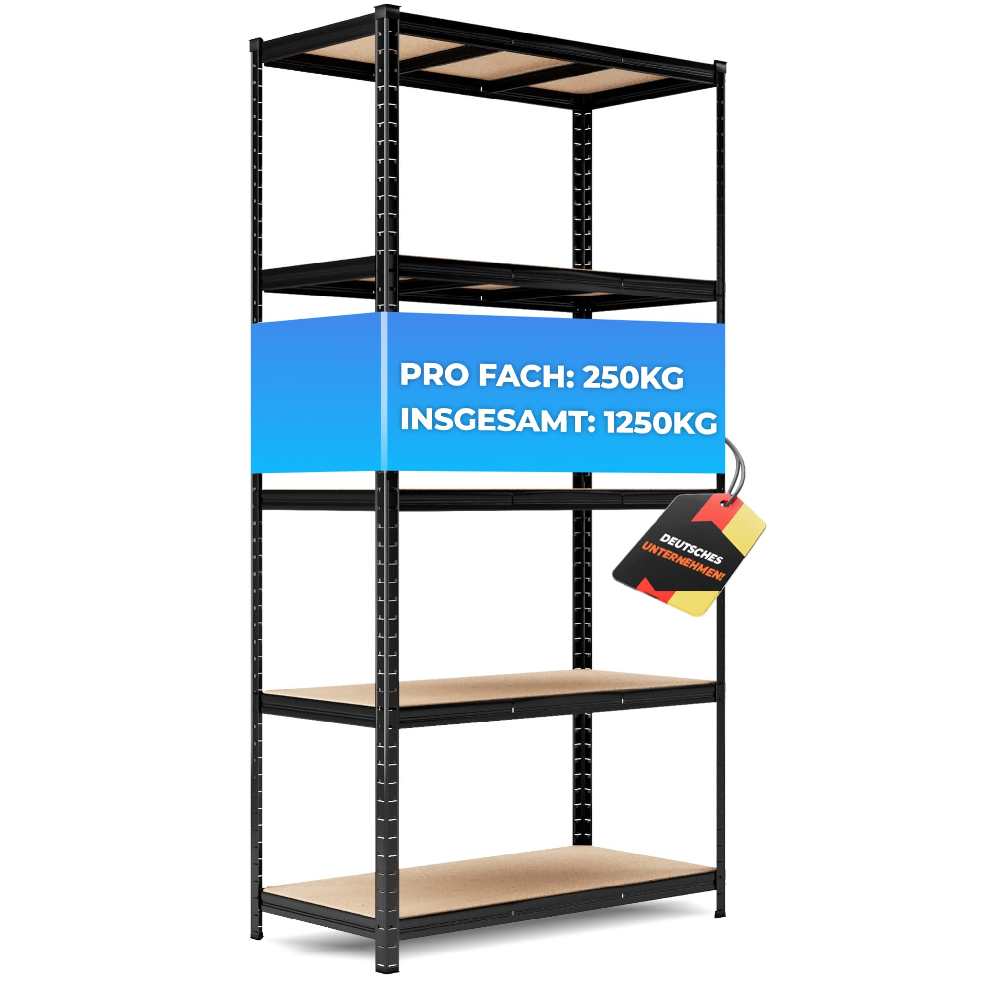 ALL Premium Schwerlastregal 200x100x50 cm Schwarz - 1250kg Traglast – Schwerlastregal Schwarz, vielseitiges Regal 100 cm breit, Regal 50 cm tief, ideal für Keller & Lager