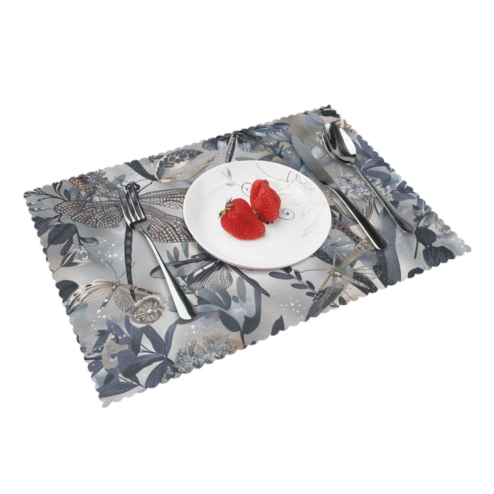 Dragonflies Grey Printed Placemat Heat Resistant Place Mats Set of 4 PCS Washable Kitchen Table Mats, 12x18 Inch