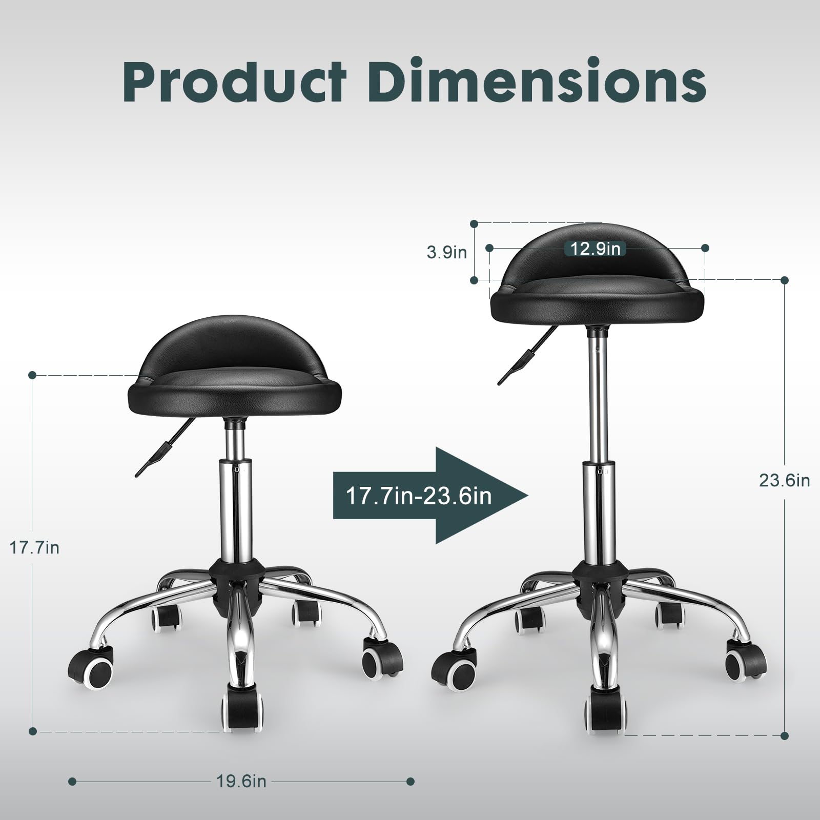 FNZIR Swivel Rolling Stool with Wheels Height Adjustable Stool Chair Drafting Chair with Backrest Black