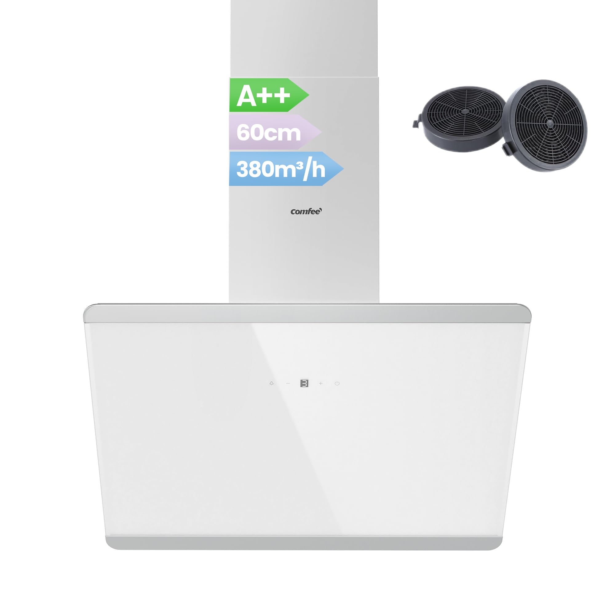 COMFEE' CH60J64ET4A2W A++ Dunstabzugshaube 60 cm, Kopffreihaube 60cm Umluft und Abluft, 380m³/h Luftstrom, Edelstahl/Glas Design mit Touchscreen, LED, Abzugshaube inkl. Kohlefilter, Weiß