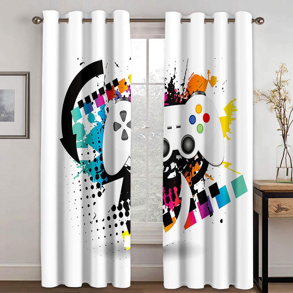 Rideaux Occultants d'enfant 3D 240X230Cm Moderne Enfant Oeillets La Manette De Jeu Blanche Est Simple Motif Isolant Thermique Anti Froid pour Décoration Maison, 240 x 230 cm (L H)